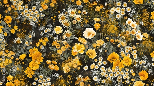 a bunch of yellow and white flowers are in a field of yellow and white daisies on a black background.