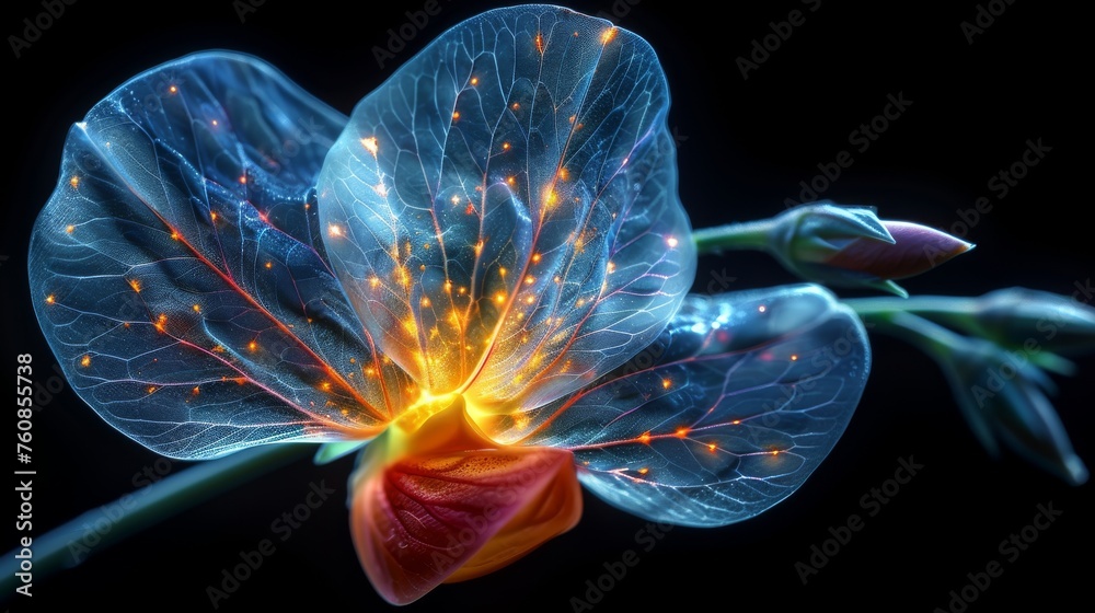 a close up of a flower with bright lights on it's petals and a stem with a flower bud on it's end. - obrazy, fototapety, plakaty 