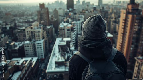 Woman overlooking a big city from the top of a building