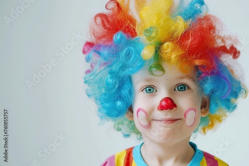 Child boy is dressed up in clown costume with colorful wig on white background