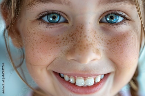 Cute little girl showing teeth after teeth brushing, closeup