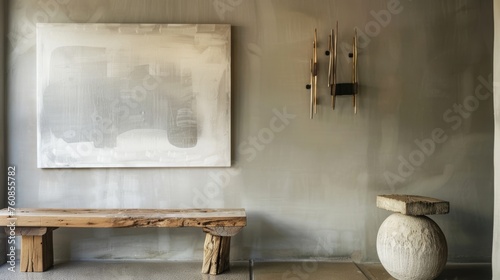 Serene Entrance Hall Interior with Wooden Bench, Wall Hooks, and Abstract Art in Soft Light