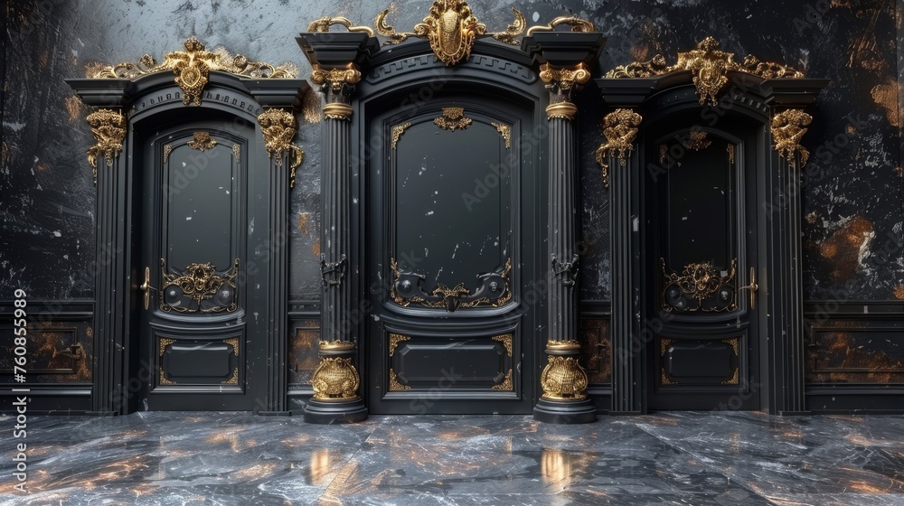 a black and gold room with a marble floor and two large black doors with gold decorations on the sides of the doors. - obrazy, fototapety, plakaty 