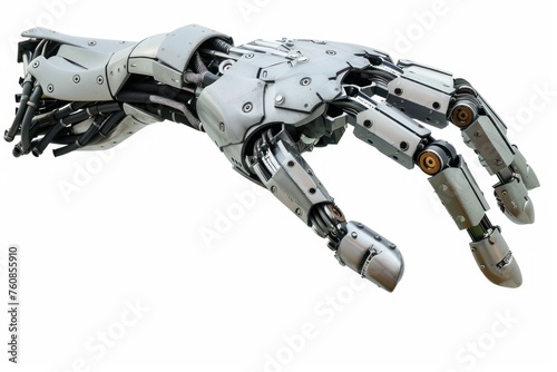 A robotic hand with a silver and gold color. The hand is made of metal and has a metallic look
