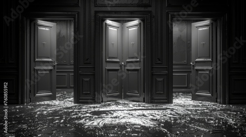 a black and white photo of a room with three doors and a floor that has a lot of water on it.