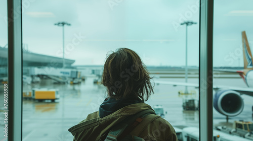 Woman looking out on the runway at an airport. Shot from behind