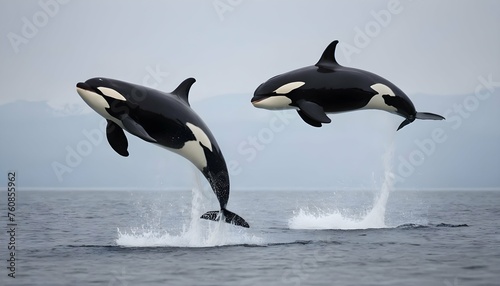 A Pair Of Orcas Breaching In Perfect Synchronizati