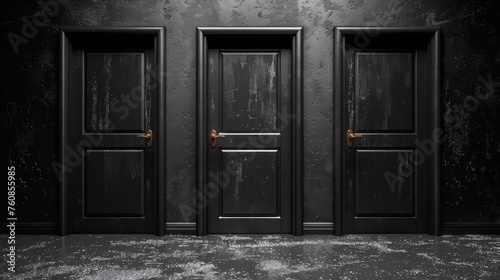 two black doors in a dark room with a concrete floor and a black wall with peeling paint on the walls.