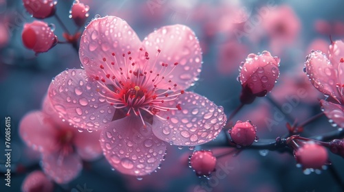 a close up of a pink flower with drops of water on it's petals and a blurry background.