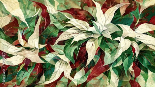 a painting of a white and red flower with green leaves on a red and green background with a white flower in the center. photo