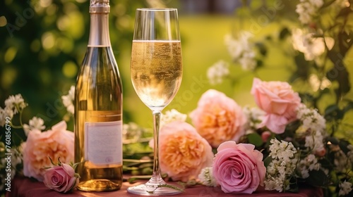 Wine bottle and glass with rose flowers on wooden table in garden