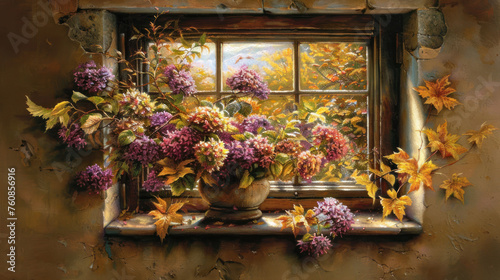 a painting of a vase of flowers sitting on a window sill with autumn leaves on the window sill. © Olga
