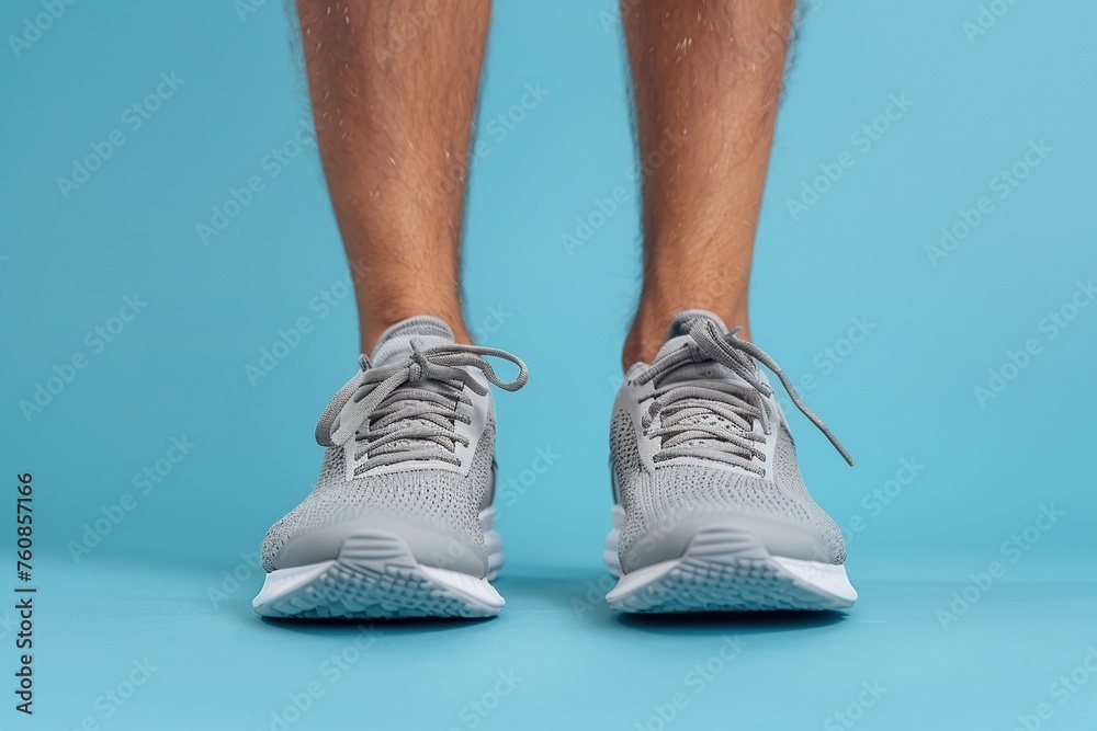 Male legs in grey modern sport shoes on blue background Male legs in grey modern sport shoes on blue background