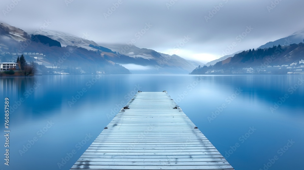 Serene Lake View with Misty Mountains and Wooden Pier