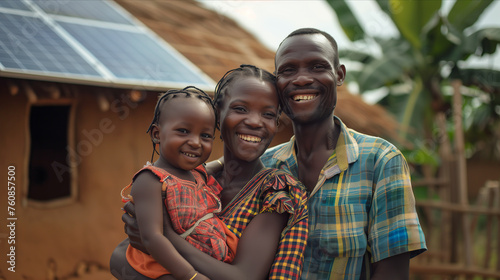 An African family lives in a house equipped with solar panels.