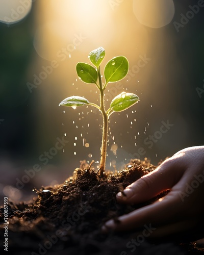 Human Hand Holding Soil with Green Plant. Earth day concept photo