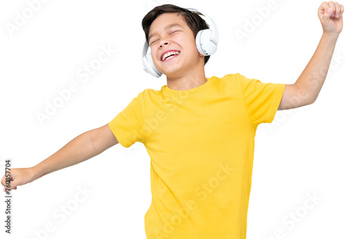 Happy mixed-race boy listening to music on headphones and dancing PNG file no background 