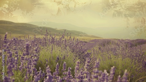 Lavender field with a vintage painted overlay - A serene lavender field with a distressed vintage painted overlay, evoking a sense of nostalgia and tranquility