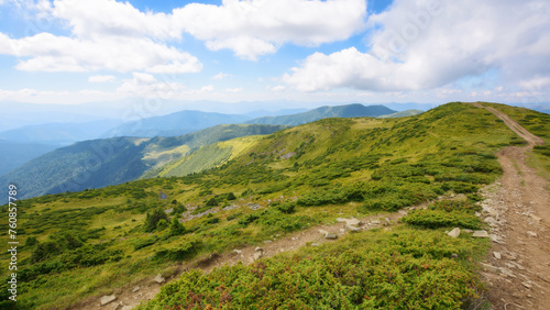 trail through the hills and meadows. alpine scenery of ukrainian carpathians. popular travel destination to the petros mountain of chornohora range in summer