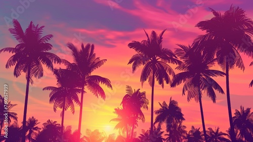 Palm trees silhouette with dramatic pink sky - The image shows palm trees outlined against a stunning pink and purple sky, suggesting a vibrant end to the day