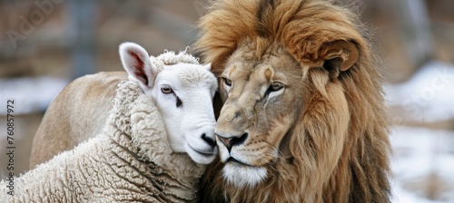 Peaceful coexistence  lion and lamb living together in perfect harmony side by side © Andrei