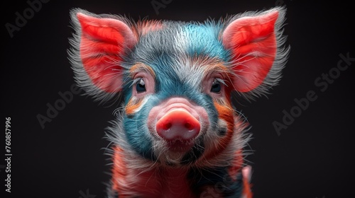 a close up of a pig's face with red, blue, and orange paint on it's face.