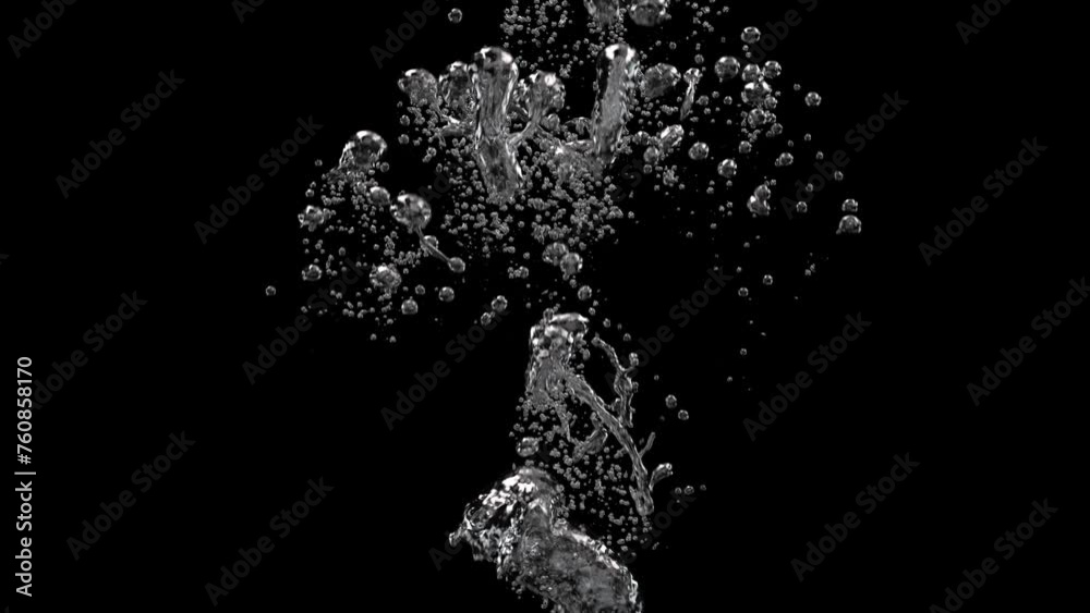 Slow motion air bubbles in water rising up to the surface on isolated black background with alpha