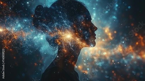 Silhouette of woman with cosmic galaxy effect - Mysterious silhouette of a woman's profile against a mesmerizing backdrop of a deep space galaxy, sparking imagination and creativity photo