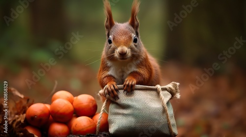 Red squirrel in the wicker basket with red eggs in autumn forest