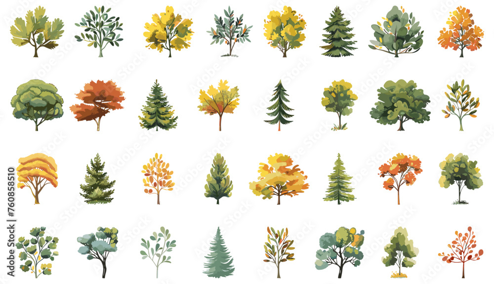 Cartoon forest plants collection. Bushes and trees symbols isolated on white, oak spruce pine aspen linden willow willow rowan Cartoon forest plants collection. Bushes and trees symbols isolated on white, oak spruce pine aspen linden willow willow rowan