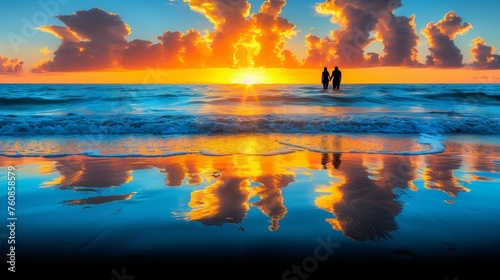 Couple Enjoying a Beautiful Sunset on the Beach Together