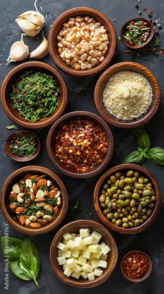 Fototapeta premium Various types of grains and cereals in white cups on a dark background with green basil leaves. Concept: healthy eating and culinary blogs, articles about veganism and vegetarianism