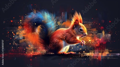 a painting of a squirrel standing on its hind legs in front of a cityscape with buildings in the background.
