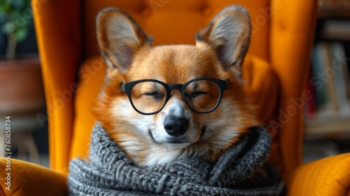 A cute funny stylish corgi boss sitting in a boss chair with glasses, stylish, redish background , generated with AI photo