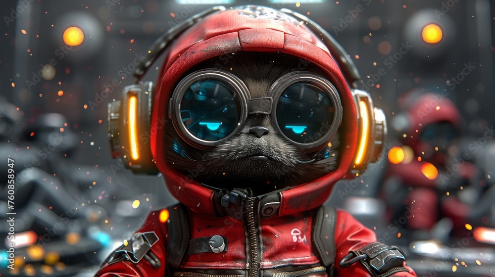 a cat in a red space suit wearing headphones and a pair of headphones on it's head. a cat in a red space suit wearing headphones and a pair of headphones on it's head.
