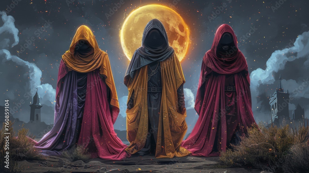 a group of three hooded monks standing in front of a full moon with a full moon in the sky behind them. - obrazy, fototapety, plakaty 
