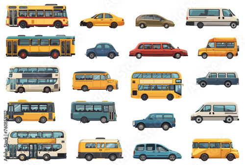 Cartoon town transportation. City vehicles isolated, transport sets, urban buses and cars side view