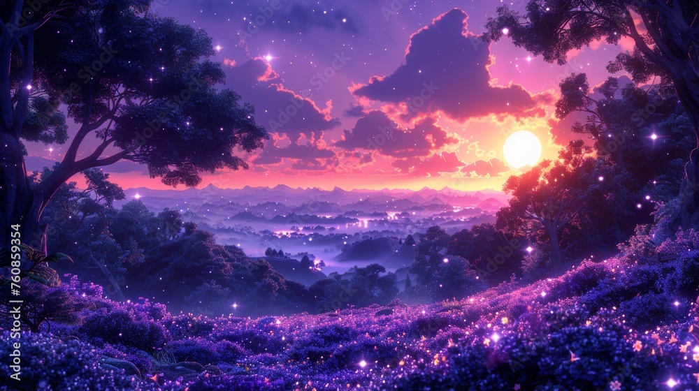 a painting of the sun setting over a forest filled with purple flowers and a lot of stars in the sky.