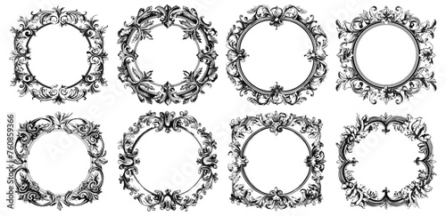 Circle engraving frames. Vintage flourish calligraphic round frame set, etching ornamental wreaths isolated, baroque ornate decorative flourishes border circles
