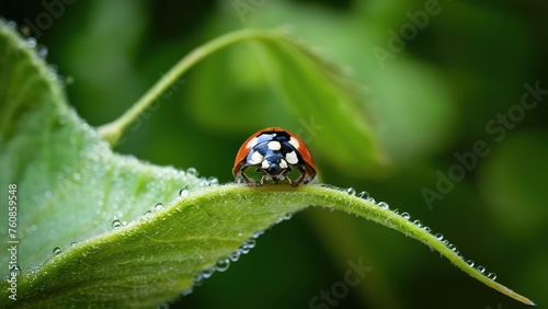Ladybug insect walkiing on leaf green plant close-up macro photography science