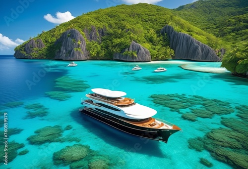 illustration, luxurious ocean cruise vacation stunning views tropical islands crystal clear waters, luxury, sunbathing, deck, swimming, pool © Yaraslava