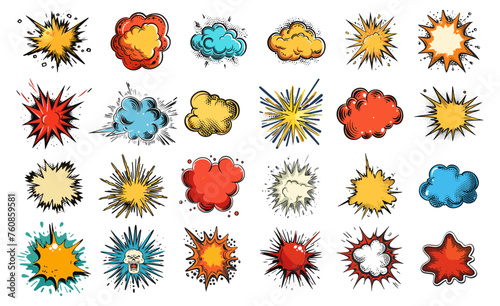 Comic sound effects without text set in pop art style isolated, cartoon crash bubbles on white background
