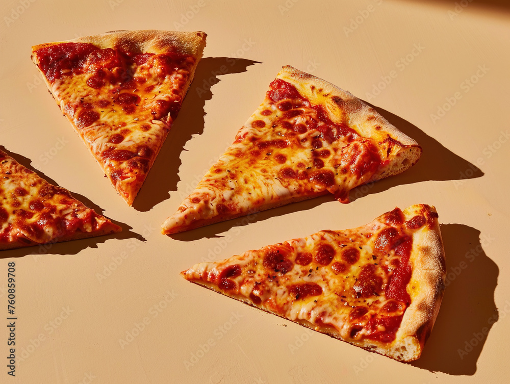 Slices of pizza with cheese on beige background Slices of pizza with cheese on beige background