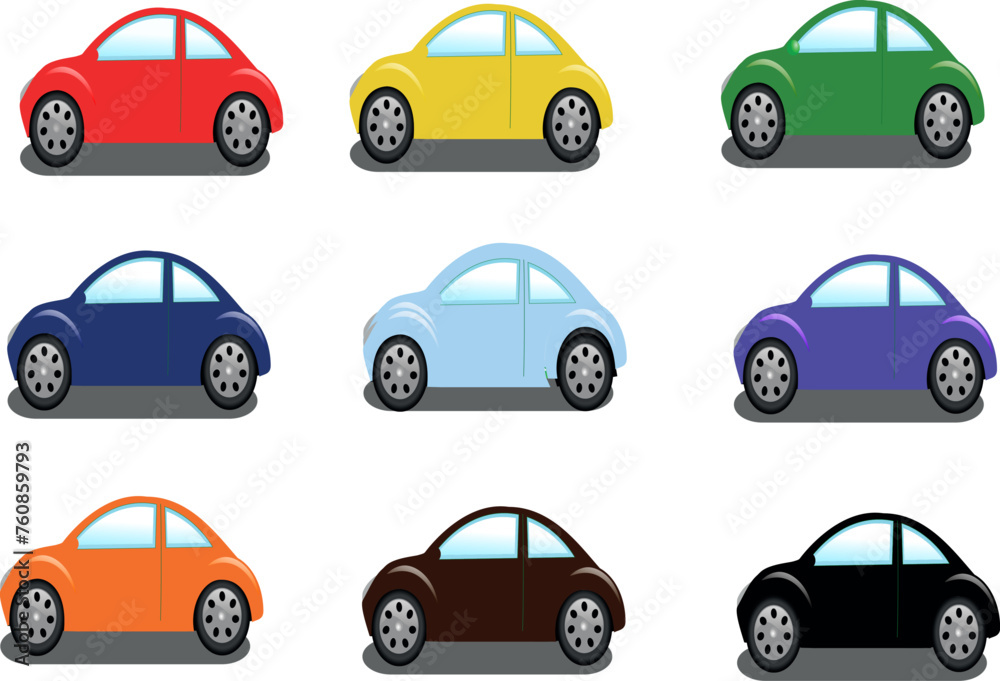 Nine electric cars from the same type in different colors. Isolated on a white background.