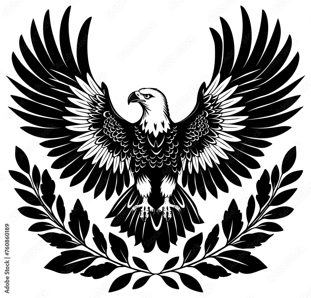 Eagle coat of arms. Bald eagles bird with open wings and claws black silhouette on white, imperial miltary tattoo heraldic symbol