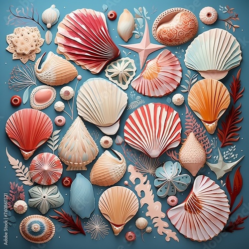 An ocean sea shell wallpaper on a light blue background