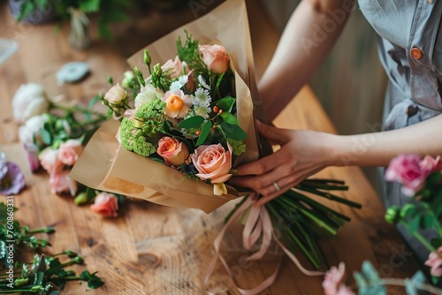 Fototapeta Naklejka Na Ścianę i Meble -  Female florist wrapping in craft paper bouquet of rose flowers in flower shop