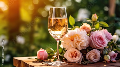 Wine bottle and glass with rose flowers on wooden table in garden