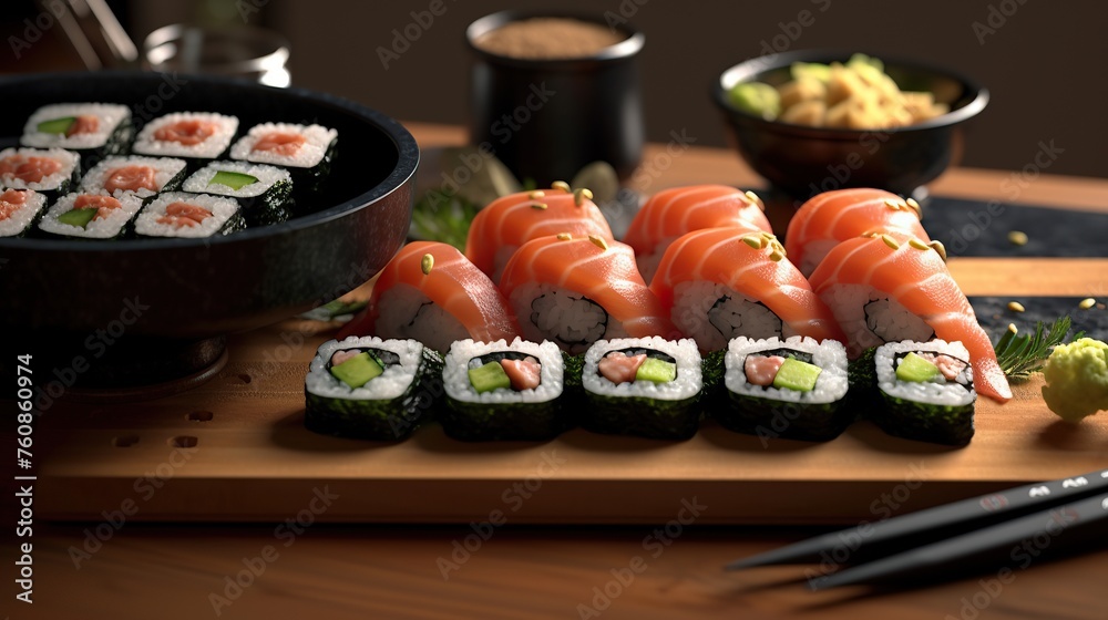 Sushi set on a wooden plate, japanese food style