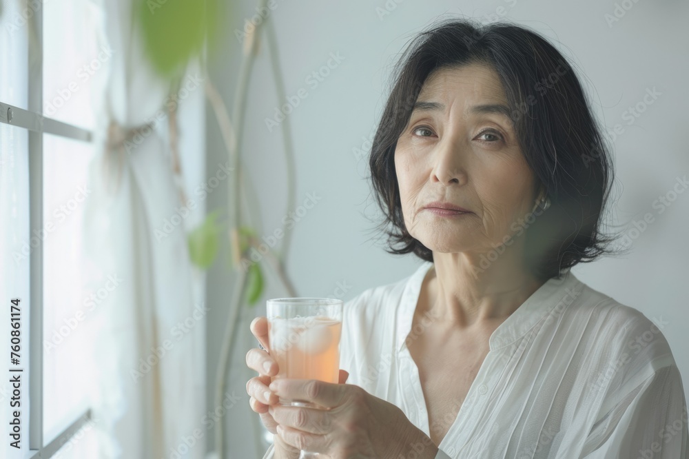 A middle-aged Asian woman holds a glass of liquid soluble collagen in her hands. Skin care. Vitamins. Korean Health Drink. Supplements A middle-aged Asian woman holds a glass of liquid soluble collagen in her hands. Skin care. Vitamins. Korean Health Drink. Supplements